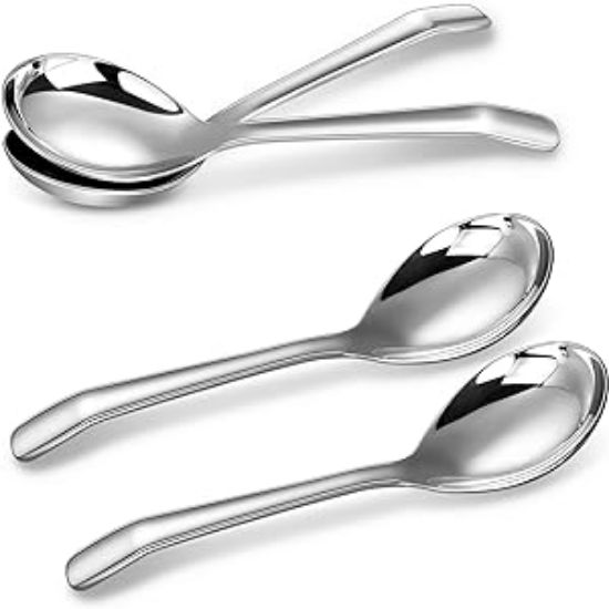 Picture of KEAWELL Premium 7.3 Inches Soup Spoons with Hook Handle, Set of 4, 18/10 Stainless Steel, Deep Bowl, Perfect for Ramen, Pho, Miso, Dumplings, Noodles, Wonton, Dishwasher Safe (Curved-Handle)