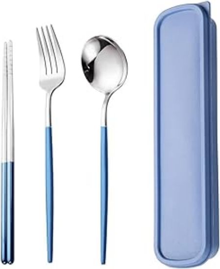 Picture of 1AXIAOLU Travel Utensils, Stainless Steel 4pcs Cutlery Set Portable Camp Reusable Flatware Silverware, Include Fork Spoon Chopsticks with Case (Blue)