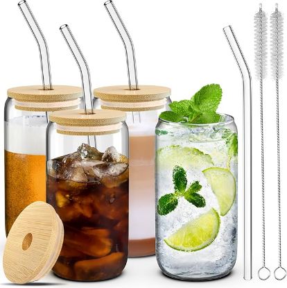 Picture of 1Dealusy 4 Glass Cups with Lids, Straws, and Brushes - 16 oz Drinking Cup Set with Bamboo Lids and Straws for Iced Coffee, Tumblers with Straw and Lid