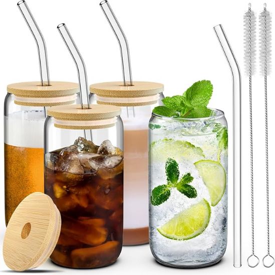 Picture of 1Dealusy 4 Glass Cups with Lids, Straws, and Brushes - 16 oz Drinking Cup Set with Bamboo Lids and Straws for Iced Coffee, Tumblers with Straw and Lid