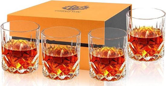 Picture of 1calliva von Old Fashioned Bourbon Glass, Set of 4 Crystal Whiskey Glasses In Gift Box. Best Rocks Tumbler for Scotch Irish Whisky Cocktail Drinking, 10oz